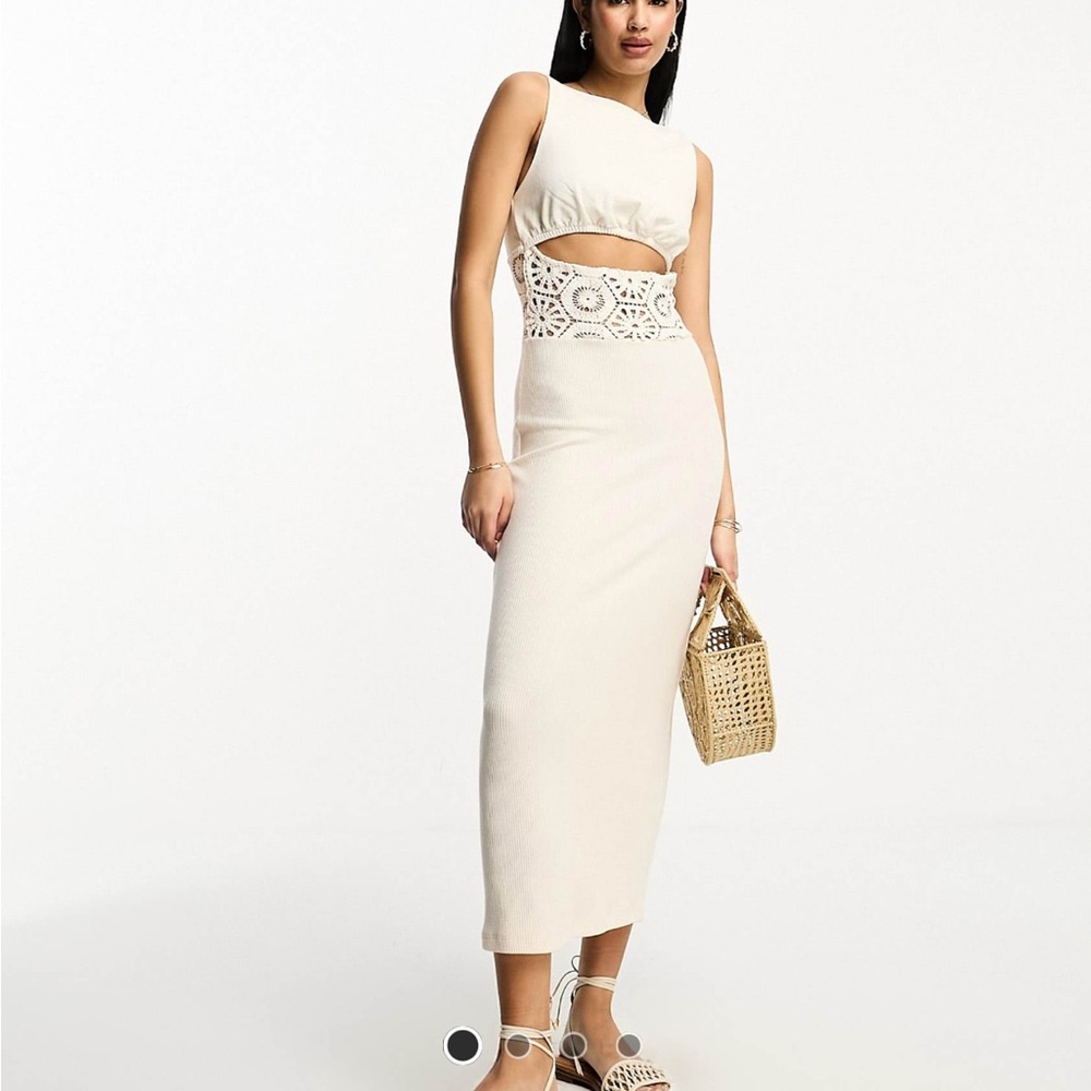 ASOS DESIGN sleeveless maxi dress with cut out waist and crochet insert in cream